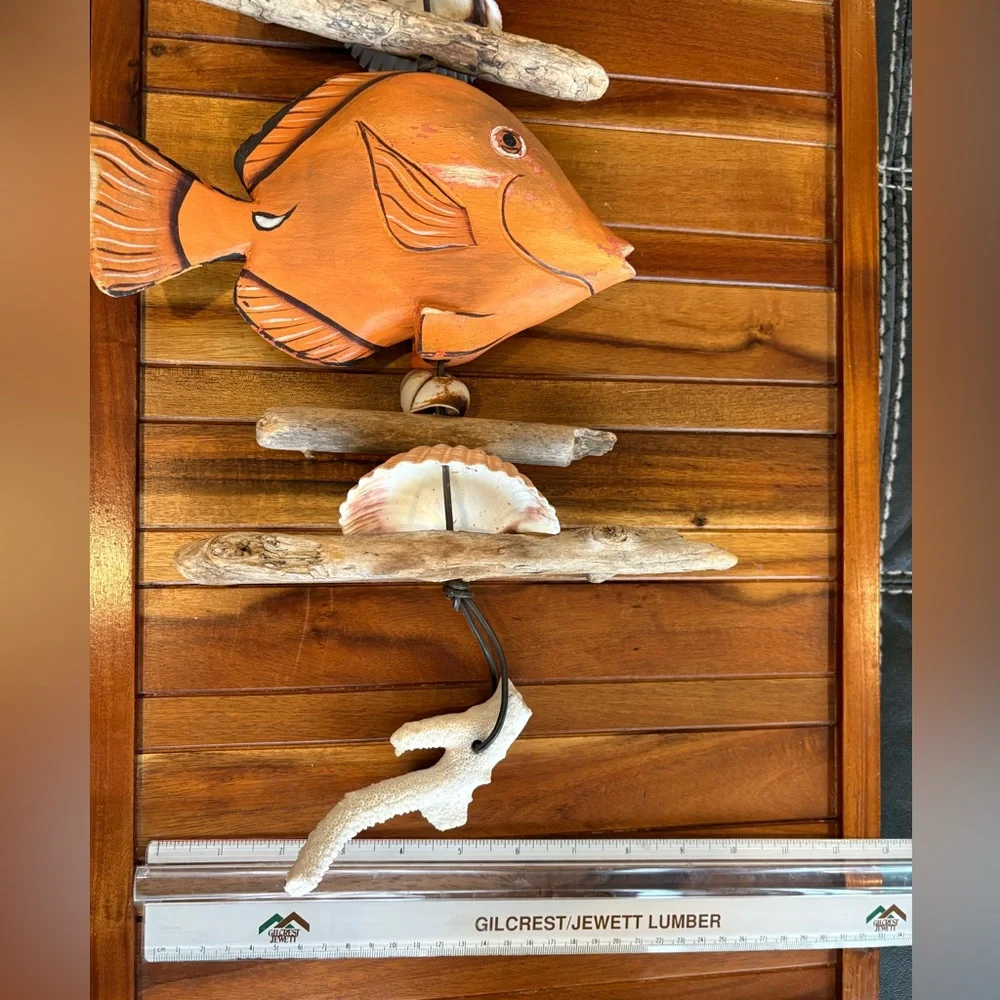 Hawaiian Folk Art Fish Mobile Carved Fish, Driftwood Sea Shells Coral